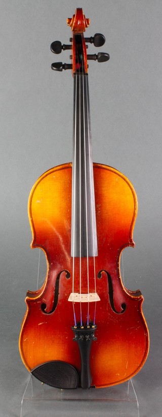 A Maidstone Schools Orchestra Association childs violin with 2 piece back 13 1/2" together with 2 bows (1 damaged) and 1 by Erich Steiner 