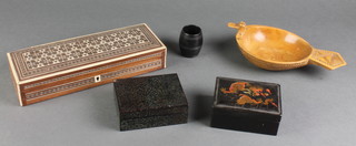 A rectangular Moorish style glove box inlaid ivory 2" x 10 1/2" x 3 1/2", a rectangular tray, 2 lacquered boxes etc 