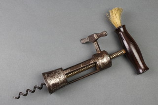A G Twiggs 3 pillar lifting jack side handled corkscrew with rosewood handle and brush, incised G Twiggs patent 