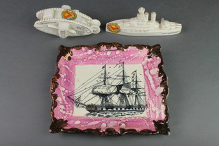 A Sunderland lustre rectangular dish decorated with a 3 mast ship 8" x 7 1/2" together with a crested tank and ditto battle ship 