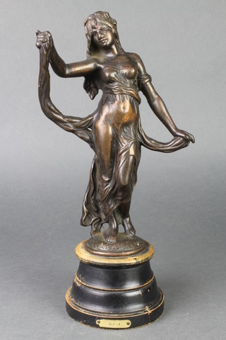 A metal figure of a standing classical lady raised on a socle base 12" 