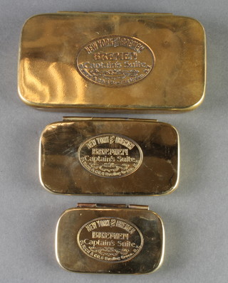 3 rectangular brass graduated tobacco boxes marked Beremen New York 4 1/2", 3 1/2" and 2 1/2" 