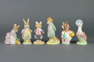 4 Royal Albert Beatrix Potter figures - Mr Benjamin Bunny 4 1/5", Hunca Munca Sweeping 3 1/2", Mrs Rabbit 4 1/4" and Jemima Puddleduck 4", a Royal Doulton do. - Dusty Dogwood 3 3/4" and a Beswick Foxy Whiskered Gentleman 5" 