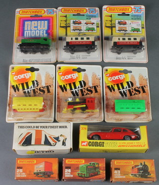 3 Matchbox 75 models no.24, 25 and 43, boxed, a Corgi Whizzwheels toy car, boxed, a Corgi model of an Austin Metro, Corgi 75 no.47 locomotive and 2 ditto carriages no.44 etc 