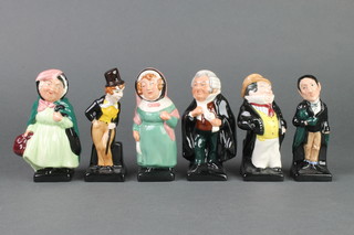 6 Royal Doulton figures - Dick Swiveller 4 1/2", Stiggins 4", Sairey Gamp 4 1/2", Buzz Fuzz 4 1/2",  Mrs Bardell 4 1/2" and Captain Cuttle 4 1/4" 