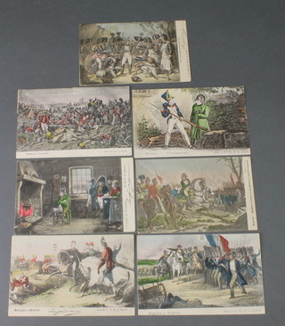 7 French early 19th Century coloured postcards - The Battle of Waterloo