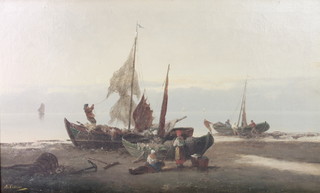 A Viscovi, oil painting on canvas, 19th Century Continental beach scene with fishing boats and men fishing, signed 16" x 26 1/2" 