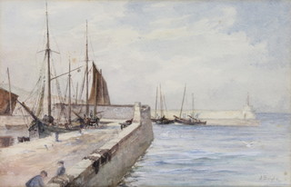 J Boyle, watercolour, study of a harbour with boats and figures, signed 8 1/4" x 12 3/4" 