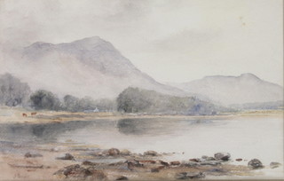 J Boyle, watercolour, study of a lochside scene with cattle and distant buildings, signed 8" x 12" 
