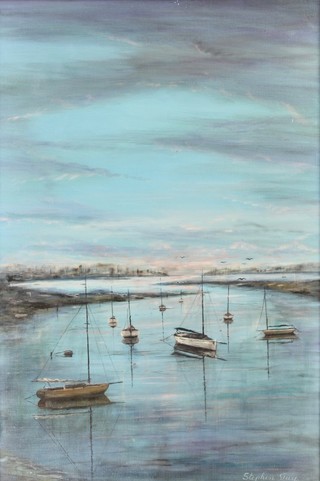 Steven Guy, oil painting on canvas, an atmospheric study of moored sailing boats 23" x 15" 