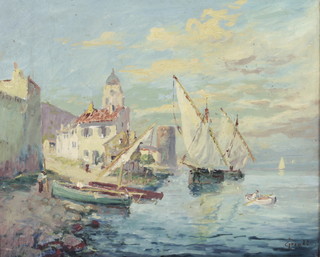 Gerladi, oil painting on canvas, a Continental harbour scene with figures, signed 14" x 17" 
