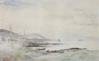 J Boyle, watercolour, a study of a coastal landscape with boats 8" x 12" 