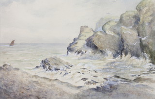 J Boyle, watercolour, a study of a boat off a rocky coastline 8" x 12" 