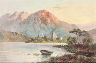 F E Jamieson, oil painting on canvas, sunset study of a Scottish loch with ruins, signed 15 1/2" x 23 1/2" 