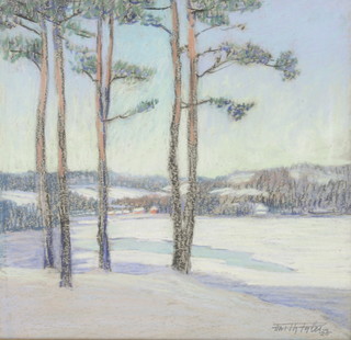 Faith Fyles, pastel drawing, a winter scene from the hills Wakefield, signed 11" x 11" 