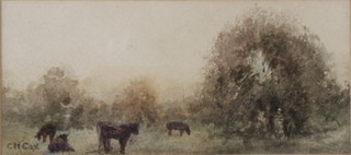 C H Cox, watercolour, a rural study with cattle, the mount inscribed Evening Glow Waco Texas, signed 3" x 7" 