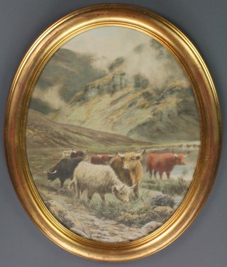 Edwardian prints, a pair of highland studies with cattle, ovals 19" x 14 1/2" 