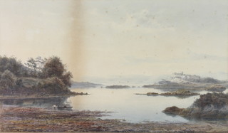 Albert Hartland, watercolour, an Irish lochside study with figures in a boat and distant castle, 12 1/2" x 21" 