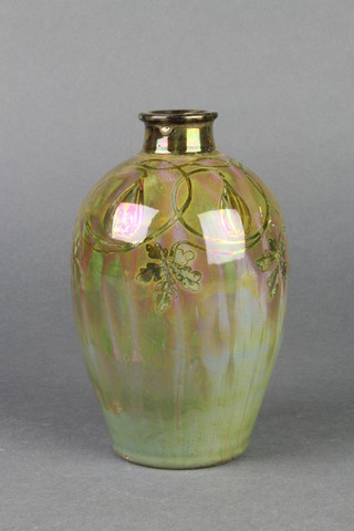 A Royal Lancastrian lustre oviform vase with green and pink decoration and stylised flowers by Gladys Rodgers 6 1/4" 