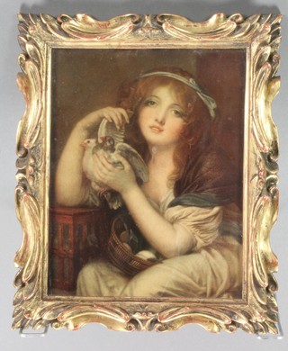 Medici print, a study of a young lady with doves in a fancy gilt scroll frame 9 1/" x 7" 