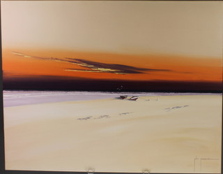 John Horsewell, oil painting on canvas, an atmospheric sunset beach scene with moored boats, signed, unframed 27 1/2" x 35 1/2" 
