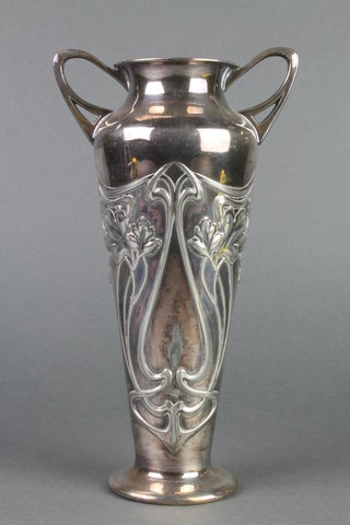 A WMF Art Nouveau silver plated 2 handled tapered vase with stylised irises 9 1/2" 