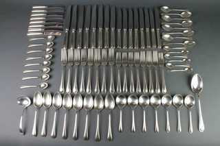 A Sterling silver canteen of cutlery comprising 1 ladle, 1 serving spoon, 8 small dessert spoons, 8 tea spoons, 8 dessert spoons, 8 small forks, 8 dinner forks, 6 small coffee spoons, 7 soup spoons, 8 silver handled butter knives, 8 small knives, 8 dinner knives, gross weight 1960 grams 