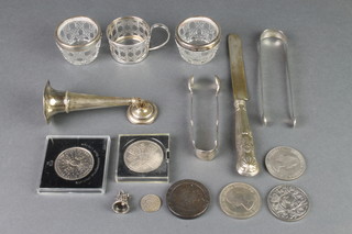 A pair of Georgian silver nips, 1 other pair, minor silver mounted items 