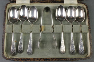 6 Victorian bright cut silver tea spoons with monogram, Sheffield 1896 88 grams and a pair of silver plated nips 
