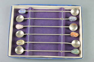 A set of 6 foreign silver cocktail spoons with hardstone terminals