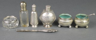 A Persian silver scent bottle and 1 other, 3 salts, a scent, a pair of tweezers and spoon