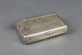 An early 20th Century Russian silver cigarette box with hinged side compartment decorated with script and stylised birds, 236 grams
