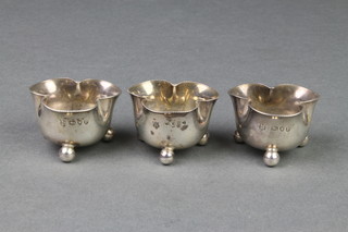 3 Victorian silver trefoil table salts on bowl feet, London 1887