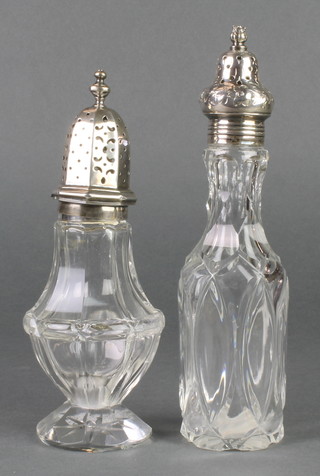 A silver mounted glass shaker and a ditto bottle