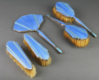 An Art Deco silver and guilloche enamel 5 piece brush set with 2 colour decoration