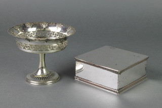 A silver plated square cigarette box and a ditto tazza 