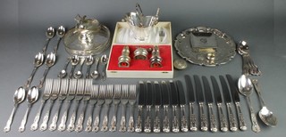 A cased silver plated 3 piece condiment and minor plated items