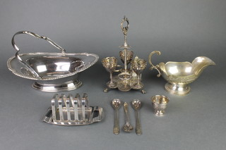 A silver plated swing handled bowl and minor plated items 