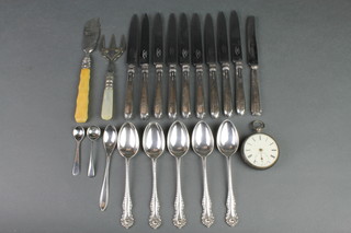 A silver bladed butter knife, a silver cased pocket watch and minor cutlery 