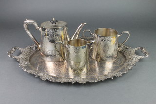 An Edwardian silver plated chased teaset and a ditto 2 handled tray