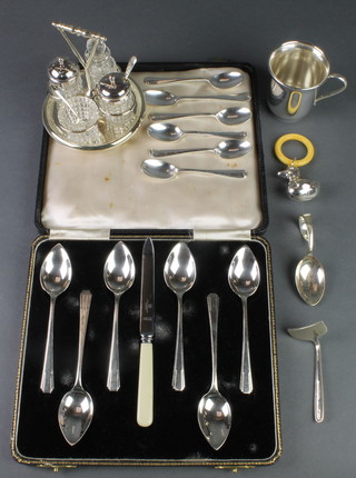 A silver plated Edwardian condiment and minor plated items 