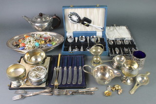 A silver plated teapot and minor plated items 