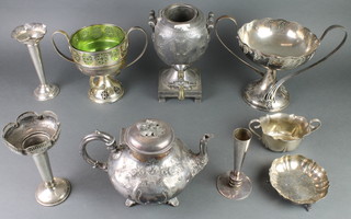 A silver plated Art Nouveau bowl with green glass liner and other plated items 