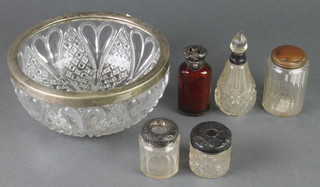 4 silver mounted jars, a plated ditto and a bowl 