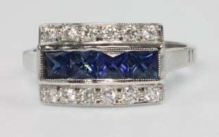An 18ct white gold sapphire and diamond Art Deco style ring, size M