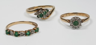 3 9ct gold emerald and diamond rings, size L 1/2, M and M 1/2
