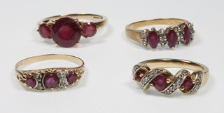 4 9ct yellow gold ruby and diamond set rings, sizes K, O, Q and R