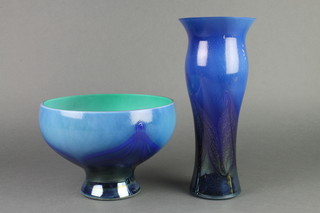 A Studio 2 colour blue glass free form bowl with scroll decoration 6", a ditto oviform vase 7 1/2" 