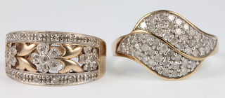 2 9ct gold diamond set dress rings, sizes N and R 1/2
