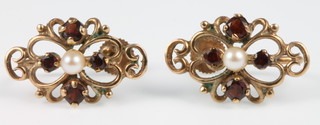 A pair of 9ct gold ruby and pearl set open earrings 